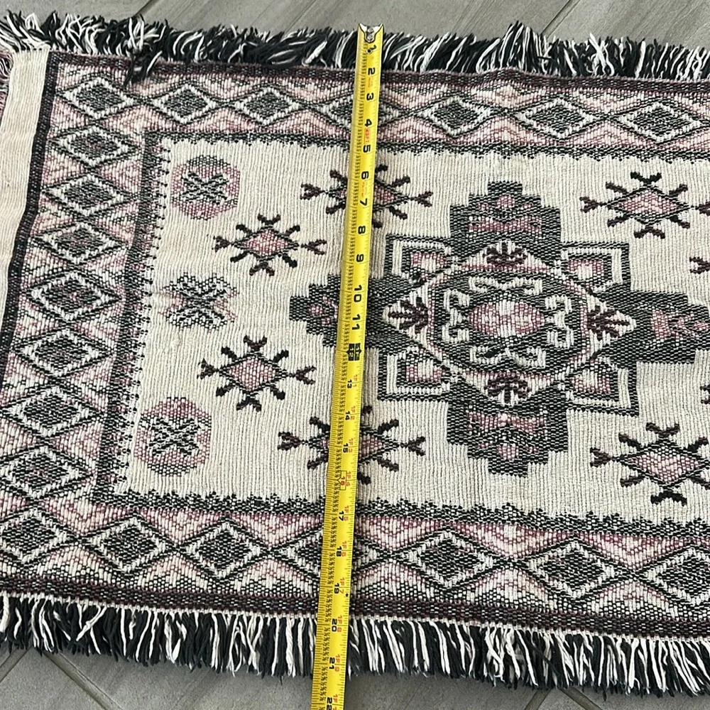 Vintage geometric pattern cotton Woven Textile Table runner/rug w/ fringe trim